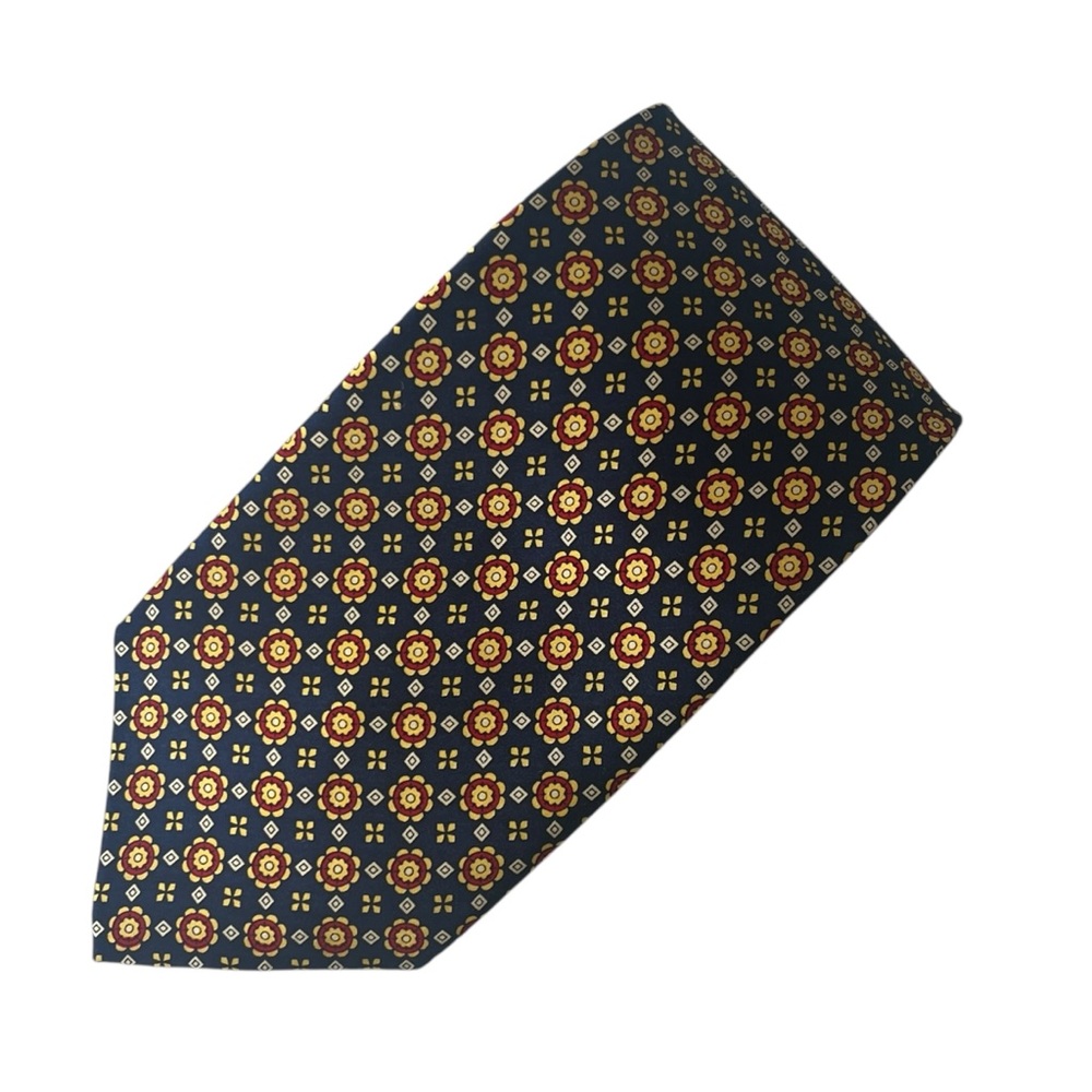 Roberta Baldini Geometric Tie Yellow Navy Blue Silk Career Classic
